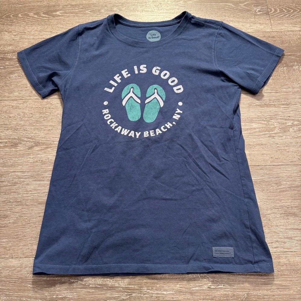 Life is Good Shirt Womens Medium Blue Flip Flops Rockaway Beach NY Tee Graphic